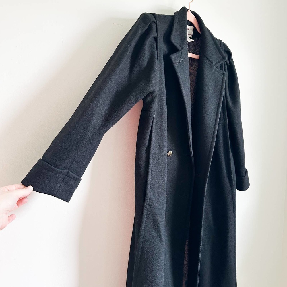 Vintage Black Double Breasted Long Wool Coat Pleated Puff Shoulder sz 8 Petite - Picture 11 of 15